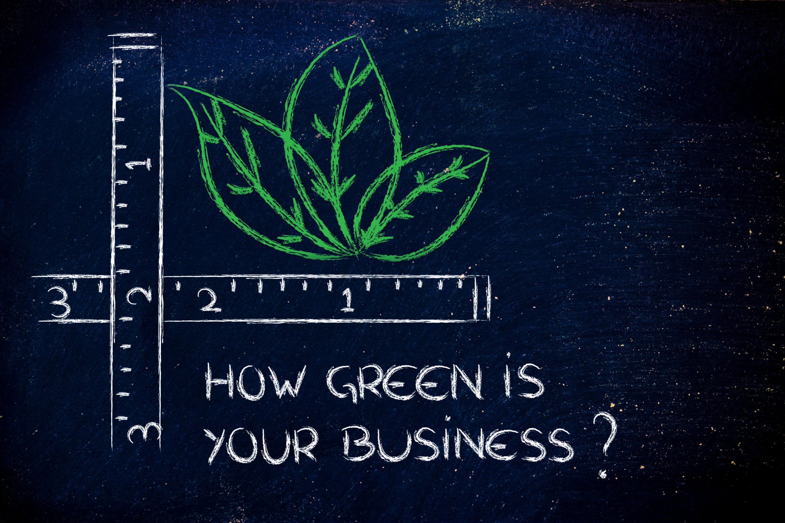 Illustration on blackboard that shows rulers crossing with a caption, "How Green is Your Business?"